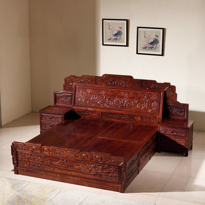 西提國標紅木家具 緬甸紅酸枝百子古典雙人床，詮釋東方睡眠美學